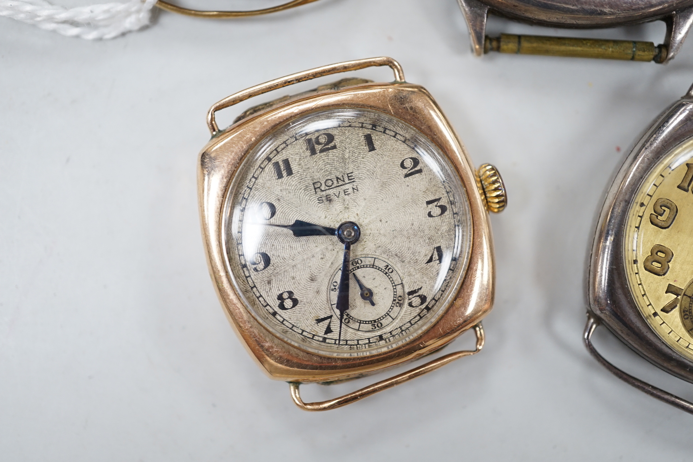 Six assorted gentleman's early to mid 20th century manual wind wrist watches, including 9ct gold Rotary and 9ct gold Rone Seven.